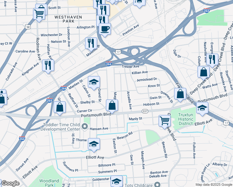 map of restaurants, bars, coffee shops, grocery stores, and more near 321 Astor Avenue in Portsmouth