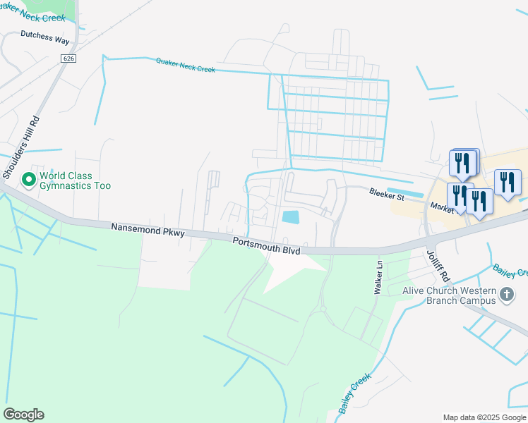 map of restaurants, bars, coffee shops, grocery stores, and more near 2210 Nob Hill Lane in Chesapeake