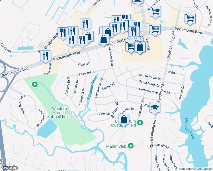 map of restaurants, bars, coffee shops, grocery stores, and more near 4225 Madrid Place in Chesapeake