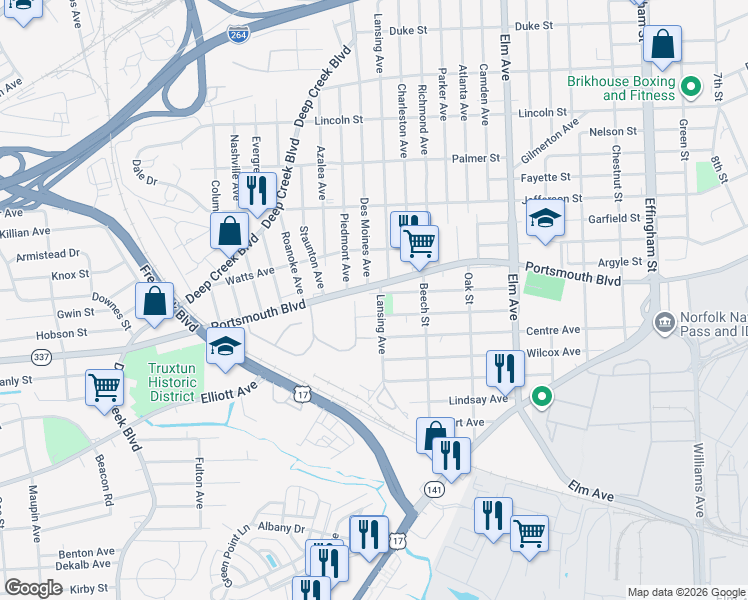 map of restaurants, bars, coffee shops, grocery stores, and more near 1611 Summit Avenue in Portsmouth