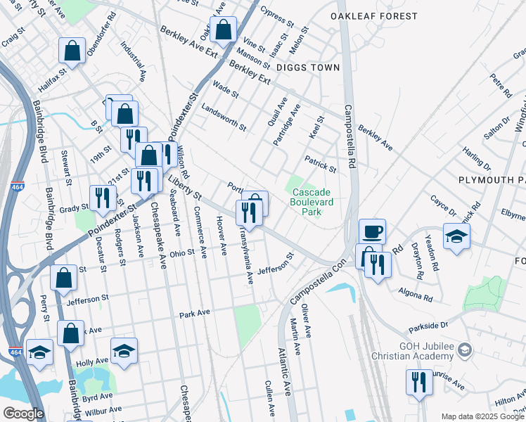 map of restaurants, bars, coffee shops, grocery stores, and more near Latham Street in Chesapeake