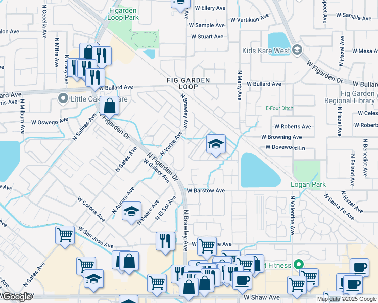 map of restaurants, bars, coffee shops, grocery stores, and more near 3747 West Pomegranate Lane in Fresno