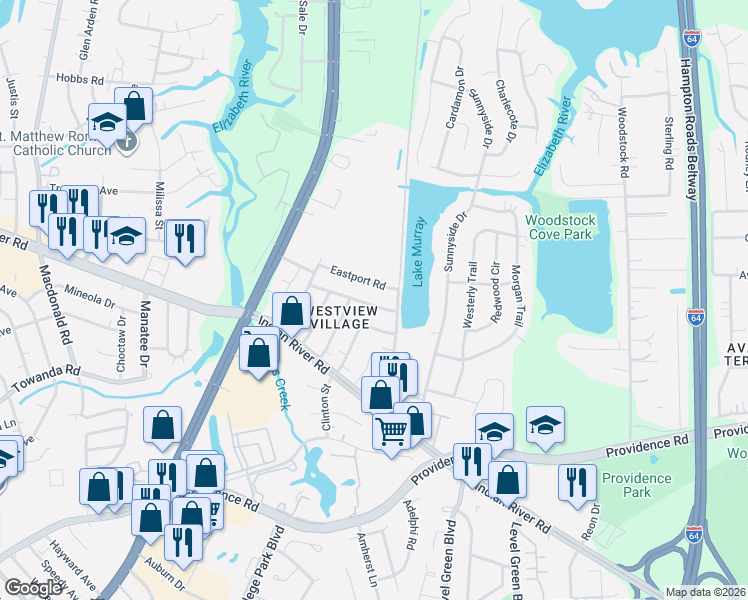 map of restaurants, bars, coffee shops, grocery stores, and more near 6312 Howell Place in Virginia Beach