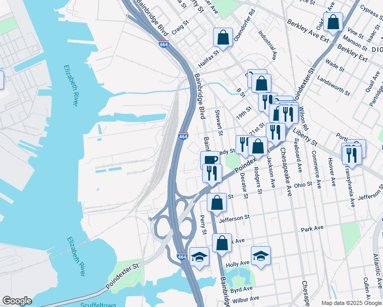 map of restaurants, bars, coffee shops, grocery stores, and more near 1 Grady Crescent in Chesapeake