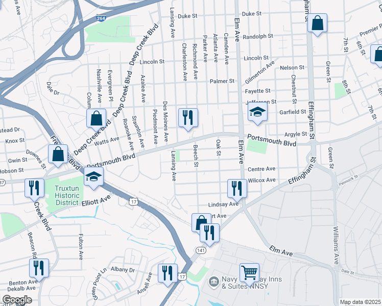 map of restaurants, bars, coffee shops, grocery stores, and more near 1523 Summit Avenue in Portsmouth