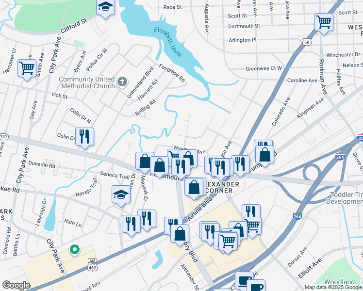 map of restaurants, bars, coffee shops, grocery stores, and more near 109 Wyoming Avenue in Portsmouth