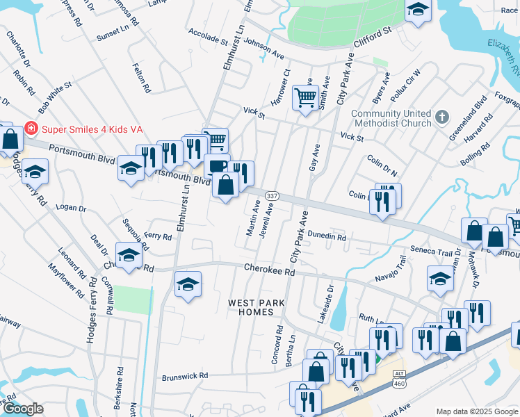 map of restaurants, bars, coffee shops, grocery stores, and more near 1017 Jewell Avenue in Portsmouth