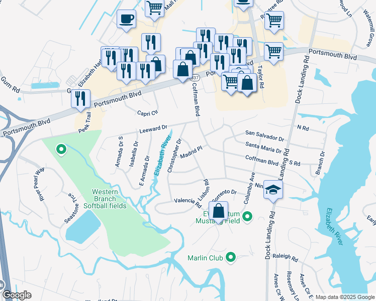 map of restaurants, bars, coffee shops, grocery stores, and more near 4225 Madrid Place in Chesapeake