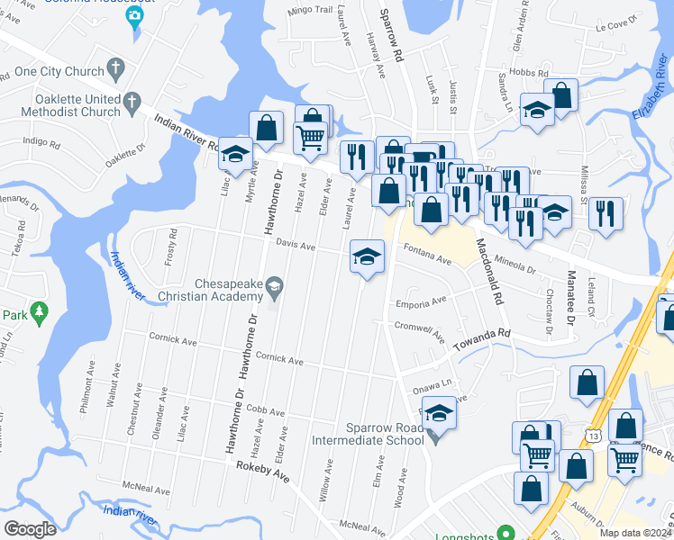 map of restaurants, bars, coffee shops, grocery stores, and more near 1211 Laurel Avenue in Chesapeake