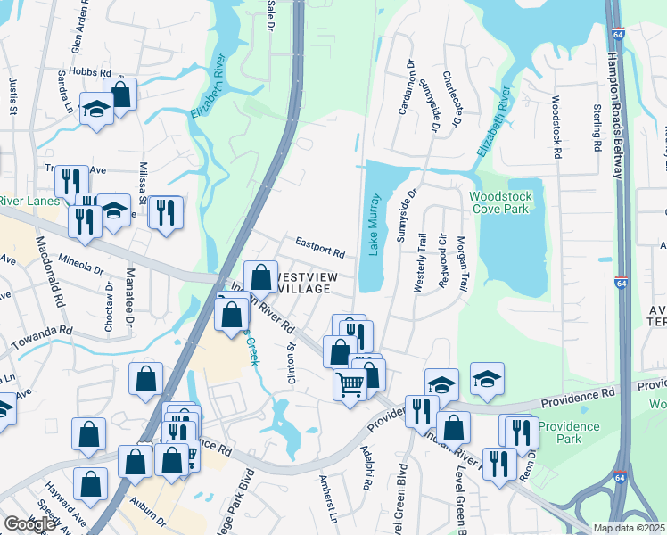 map of restaurants, bars, coffee shops, grocery stores, and more near 6312 Howell Place in Virginia Beach