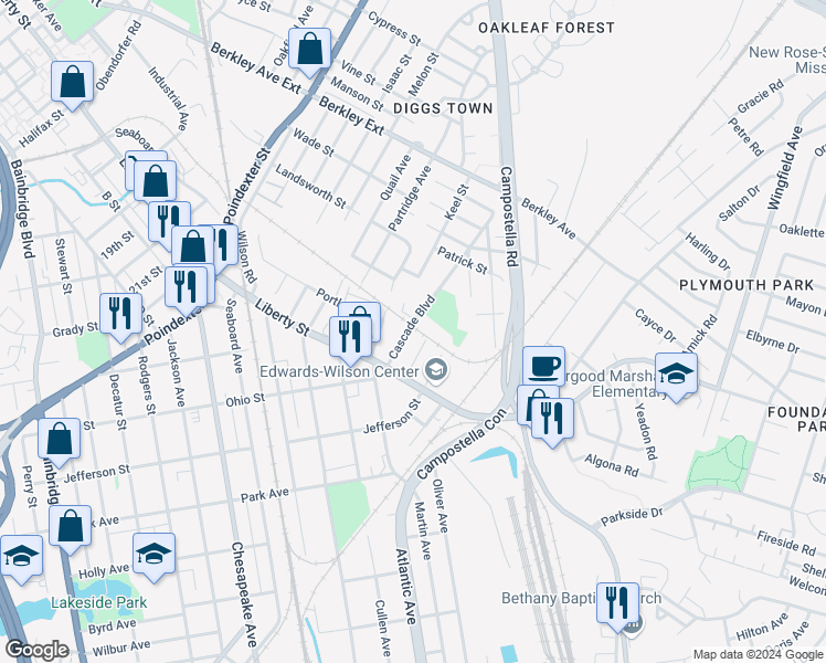 map of restaurants, bars, coffee shops, grocery stores, and more near 1071 Cascade Boulevard in Chesapeake