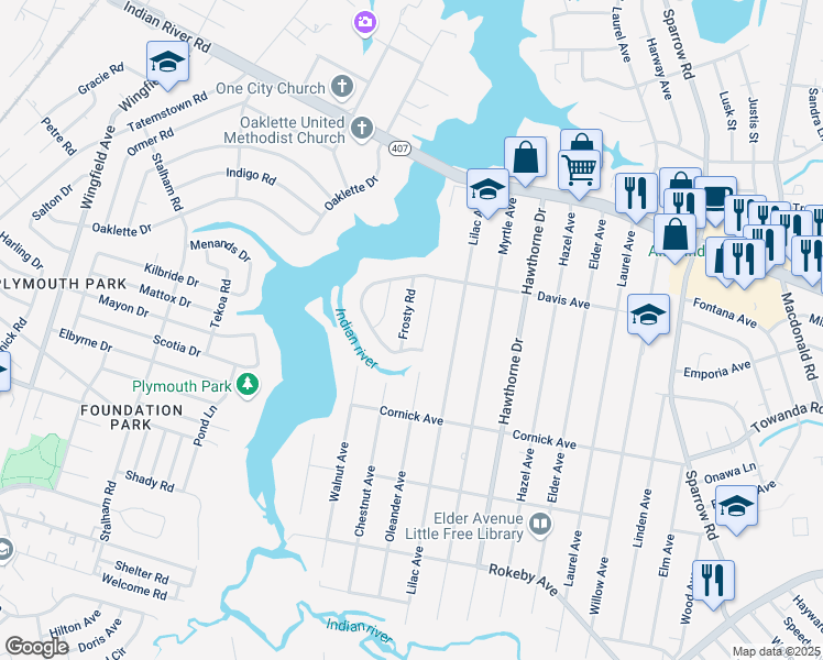 map of restaurants, bars, coffee shops, grocery stores, and more near 1301 Oleander Avenue in Chesapeake
