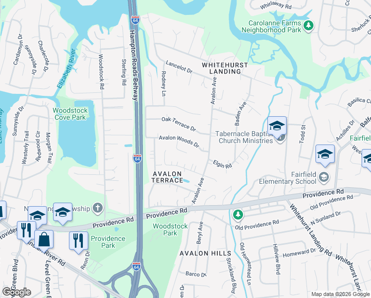 map of restaurants, bars, coffee shops, grocery stores, and more near 729 Fiona Lane in Virginia Beach