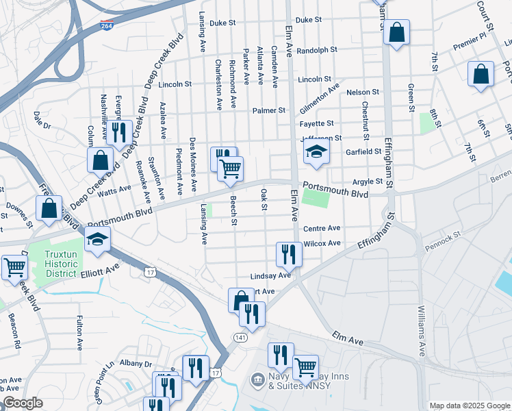map of restaurants, bars, coffee shops, grocery stores, and more near 1309 Highland Avenue in Portsmouth