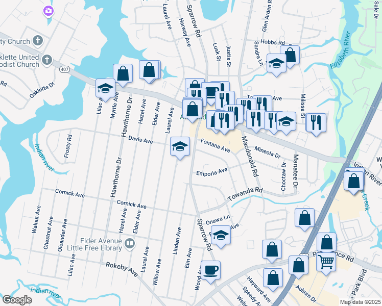 map of restaurants, bars, coffee shops, grocery stores, and more near 1202 Sparrow Road in Chesapeake