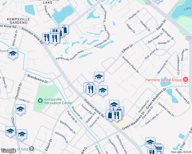map of restaurants, bars, coffee shops, grocery stores, and more near 729 Edwin Drive in Virginia Beach
