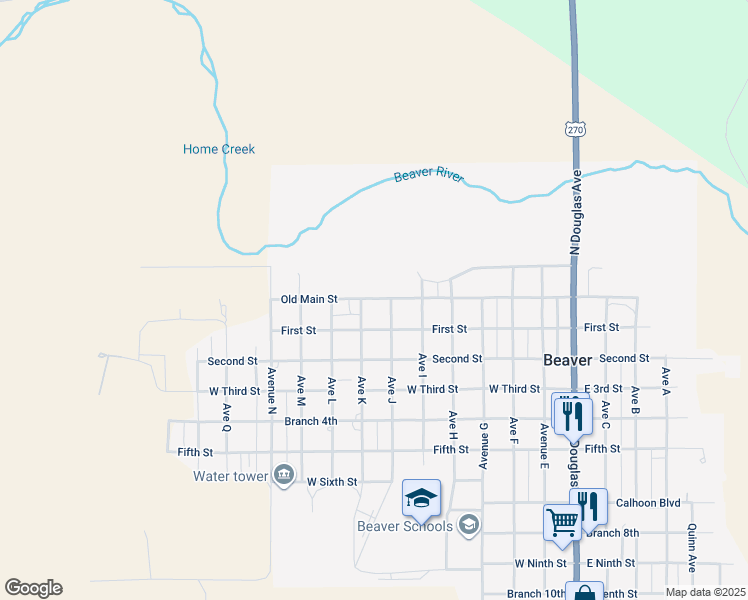 map of restaurants, bars, coffee shops, grocery stores, and more near 8-98 Avenue K in Beaver
