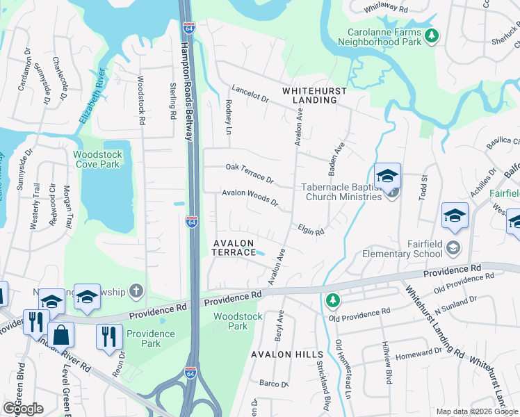 map of restaurants, bars, coffee shops, grocery stores, and more near 729 Fiona Lane in Virginia Beach