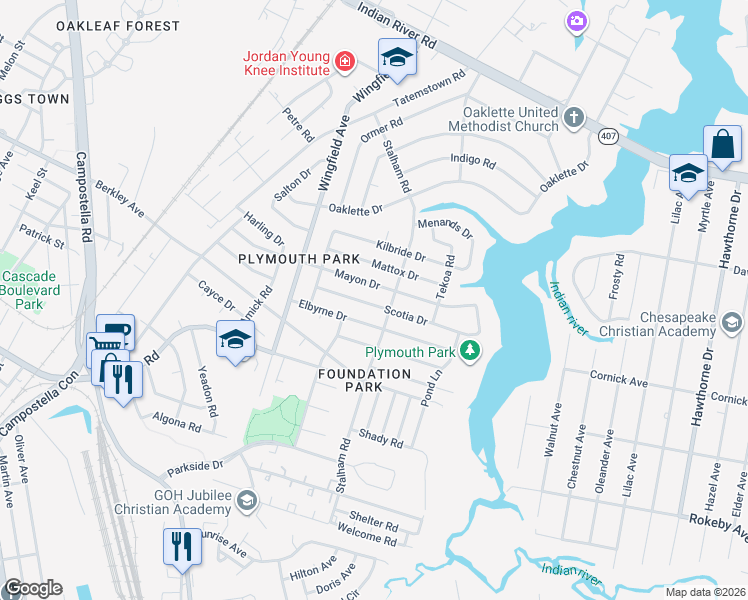 map of restaurants, bars, coffee shops, grocery stores, and more near 2927 Elbyrne Drive in Chesapeake