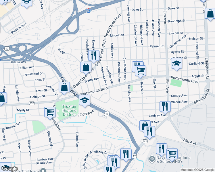 map of restaurants, bars, coffee shops, grocery stores, and more near in Portsmouth