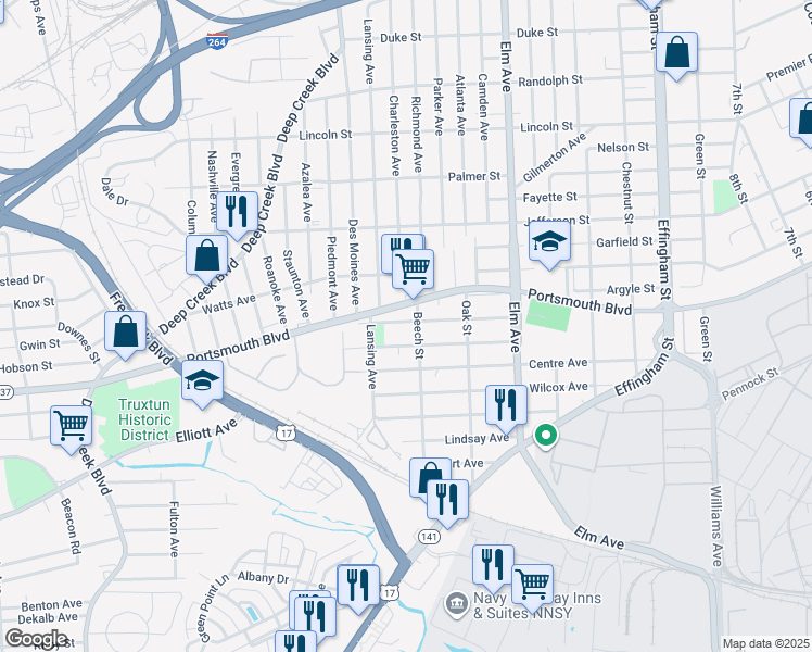 map of restaurants, bars, coffee shops, grocery stores, and more near 1523 Summit Avenue in Portsmouth