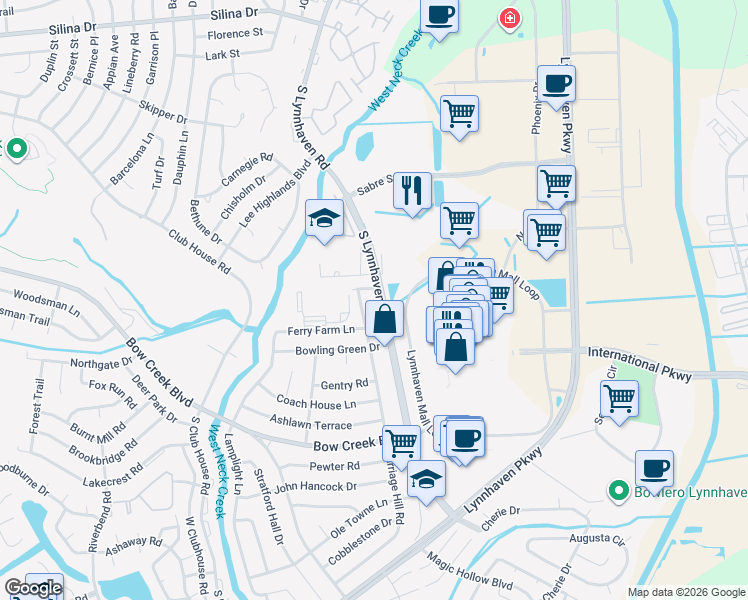 map of restaurants, bars, coffee shops, grocery stores, and more near 656 Carriage Hill Road in Virginia Beach