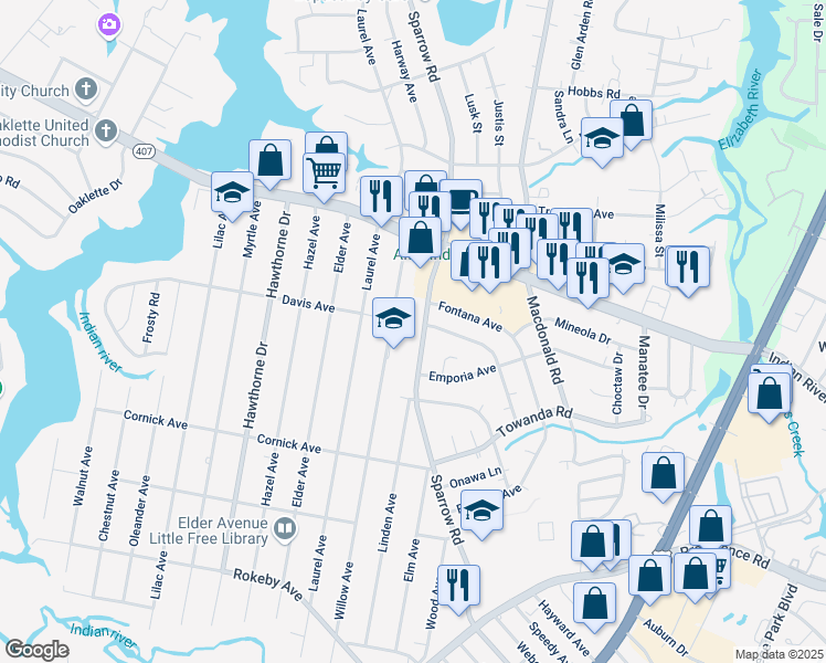 map of restaurants, bars, coffee shops, grocery stores, and more near 1202 Sparrow Road in Chesapeake