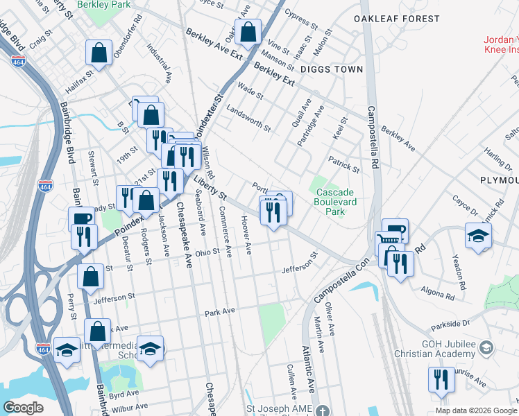 map of restaurants, bars, coffee shops, grocery stores, and more near 1700 Liberty Street in Chesapeake