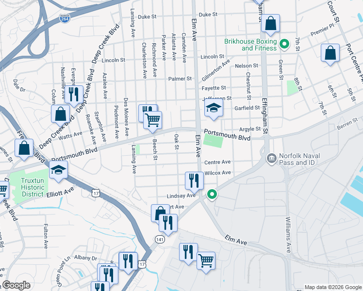 map of restaurants, bars, coffee shops, grocery stores, and more near 1241 Summit Avenue in Portsmouth