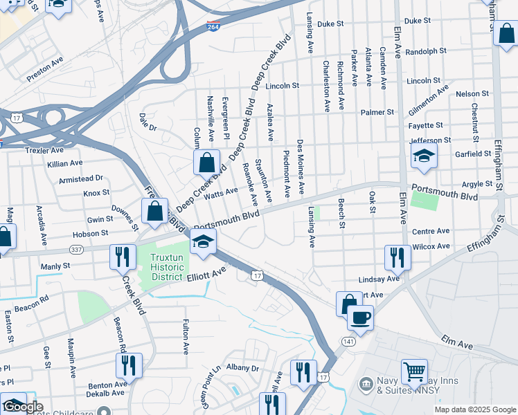 map of restaurants, bars, coffee shops, grocery stores, and more near in Portsmouth