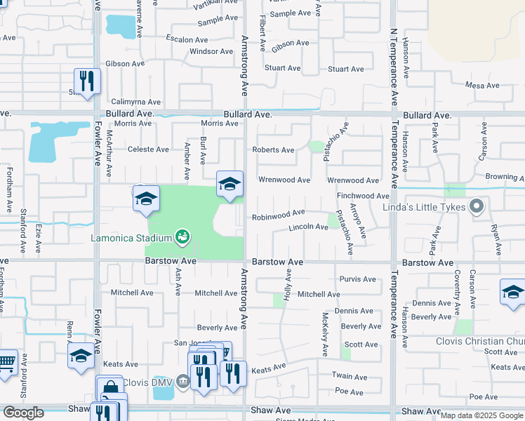 map of restaurants, bars, coffee shops, grocery stores, and more near 2305 Lincoln Avenue in Clovis