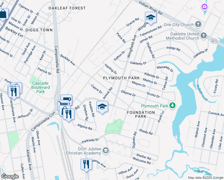 map of restaurants, bars, coffee shops, grocery stores, and more near 705 Amick Rd in Chesapeake