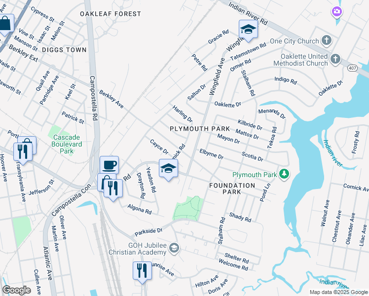 map of restaurants, bars, coffee shops, grocery stores, and more near 705 Amick Rd in Chesapeake