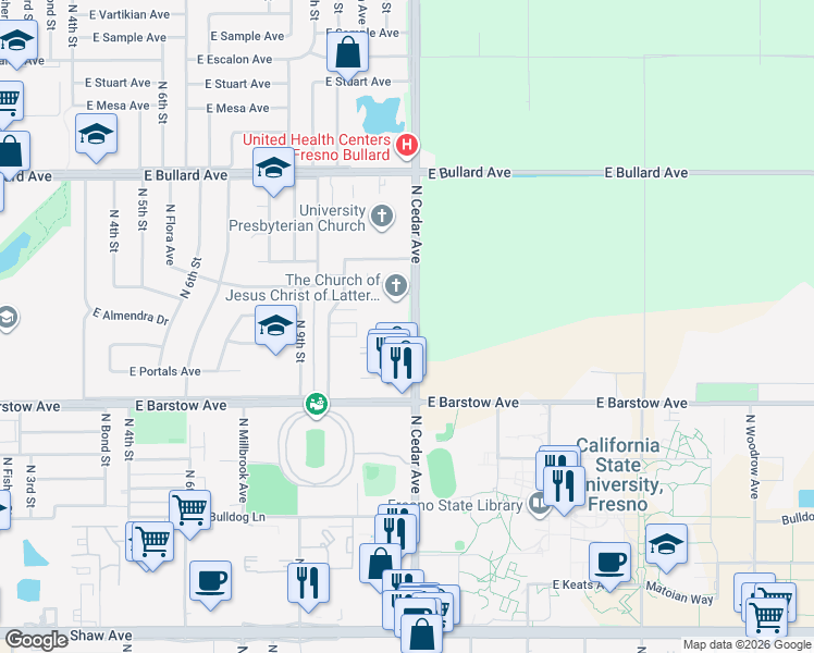 map of restaurants, bars, coffee shops, grocery stores, and more near 5511 North Cedar Avenue in Fresno