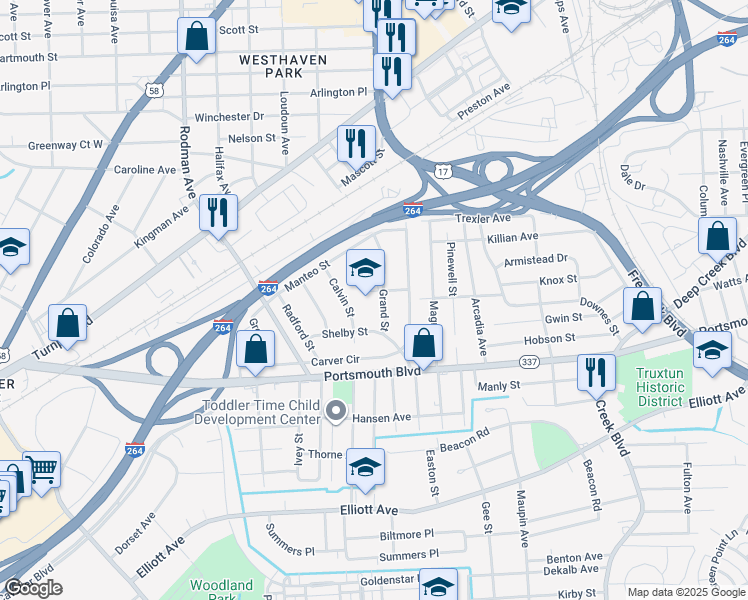 map of restaurants, bars, coffee shops, grocery stores, and more near 34 Grand Street in Portsmouth