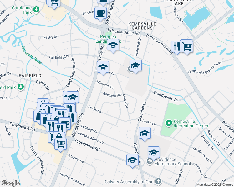 map of restaurants, bars, coffee shops, grocery stores, and more near 628 Milburne Drive in Virginia Beach