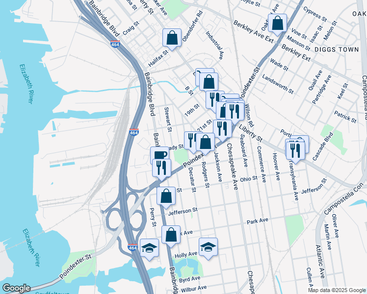 map of restaurants, bars, coffee shops, grocery stores, and more near 1100 Poindexter Street in Chesapeake