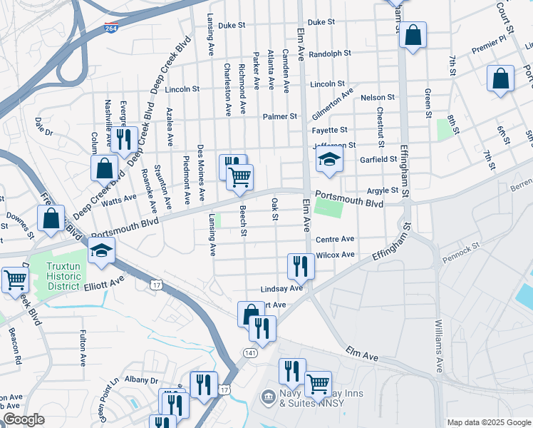 map of restaurants, bars, coffee shops, grocery stores, and more near 1309 Highland Avenue in Portsmouth