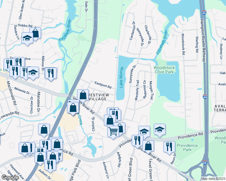 map of restaurants, bars, coffee shops, grocery stores, and more near 6300 Eastport Road in Virginia Beach