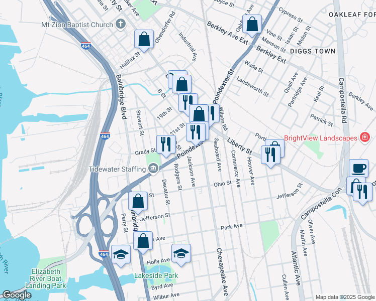 map of restaurants, bars, coffee shops, grocery stores, and more near 1307 Poindexter Street in Chesapeake