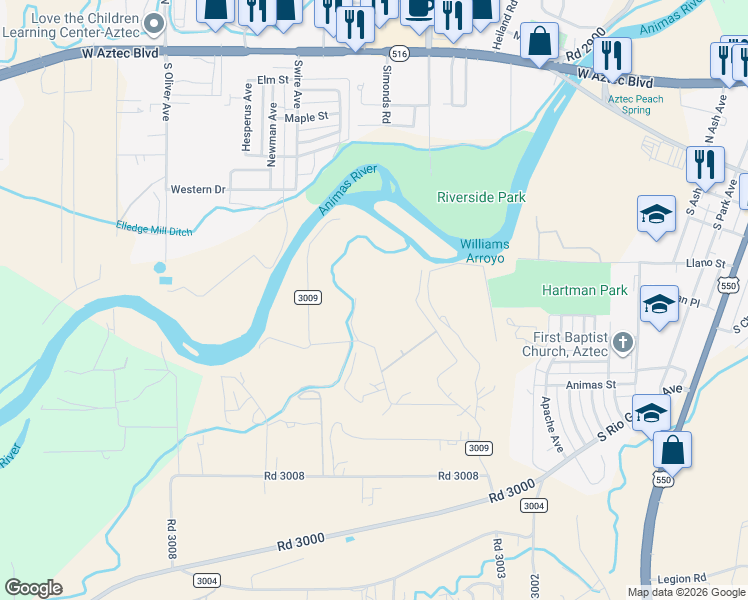 map of restaurants, bars, coffee shops, grocery stores, and more near 58 Road 3009 in Aztec