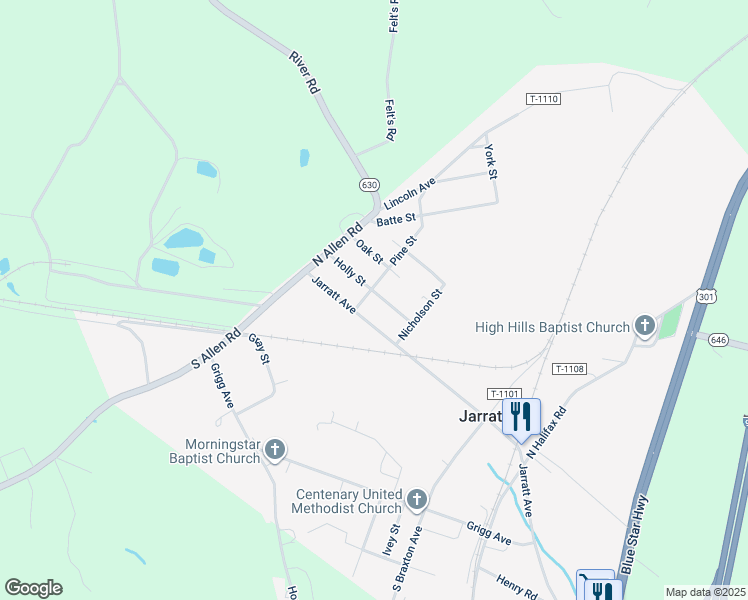 map of restaurants, bars, coffee shops, grocery stores, and more near 200 Holly Avenue in Jarratt
