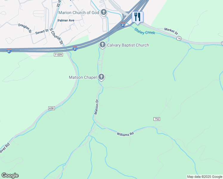 map of restaurants, bars, coffee shops, grocery stores, and more near 124 Debord Road in Marion