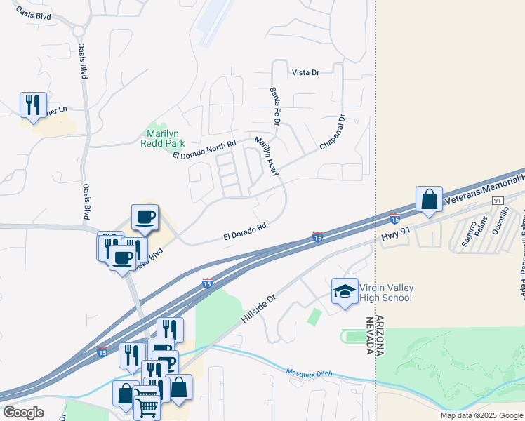 map of restaurants, bars, coffee shops, grocery stores, and more near 580 Mesa Boulevard in Mesquite
