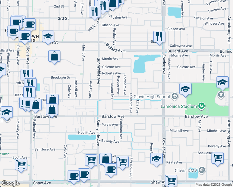 map of restaurants, bars, coffee shops, grocery stores, and more near 915 Purdue Avenue in Clovis