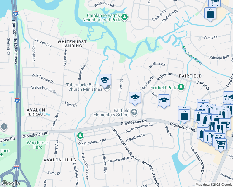 map of restaurants, bars, coffee shops, grocery stores, and more near 709 Whitehurst Landing Road in Virginia Beach