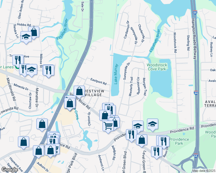 map of restaurants, bars, coffee shops, grocery stores, and more near 6300 Eastport Road in Virginia Beach