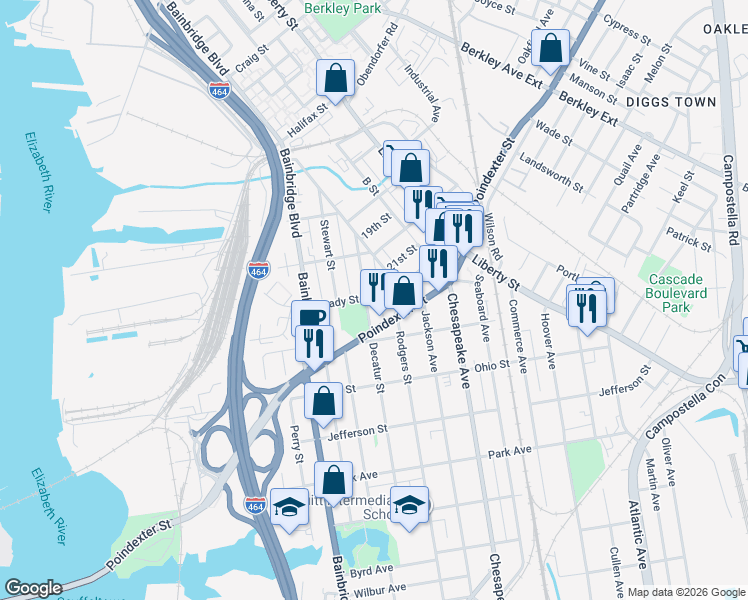 map of restaurants, bars, coffee shops, grocery stores, and more near 922 Decatur Street in Chesapeake