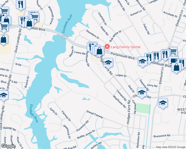 map of restaurants, bars, coffee shops, grocery stores, and more near 215 Mayflower Road in Portsmouth