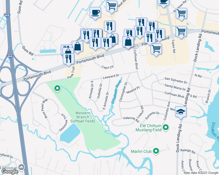 map of restaurants, bars, coffee shops, grocery stores, and more near 2176 Armada Drive South in Chesapeake